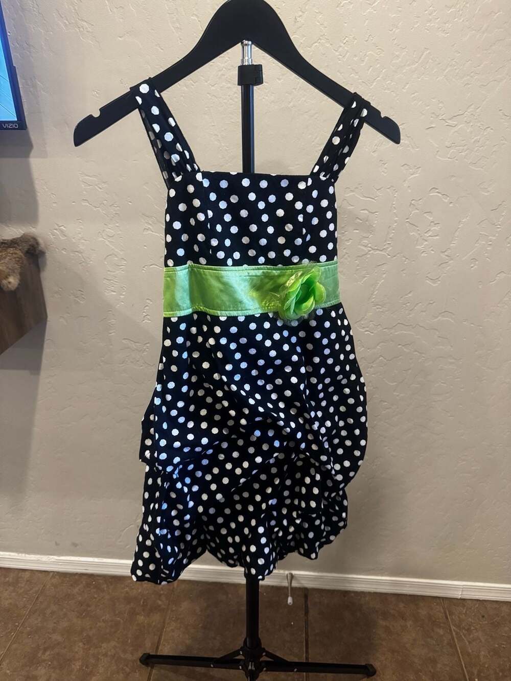 Girls Black and White Polka Dot Dress with Green Waistband and Flower Size 10
